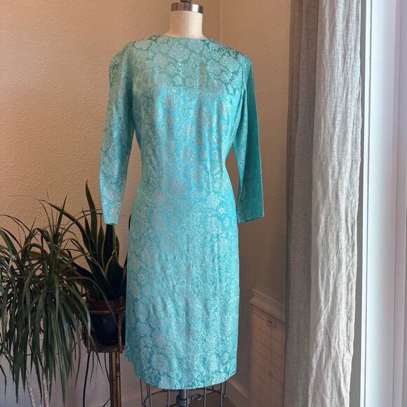 Women’s Large Sheath Dress Aquamarine Metallic Satin Jacquard Turquoise Brocade - Picture 2 of 3